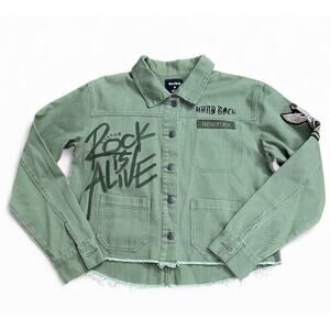 Hard Rock Ibiza Stones Denim Military Crop Jacket Graffiti Patches Womens Medium